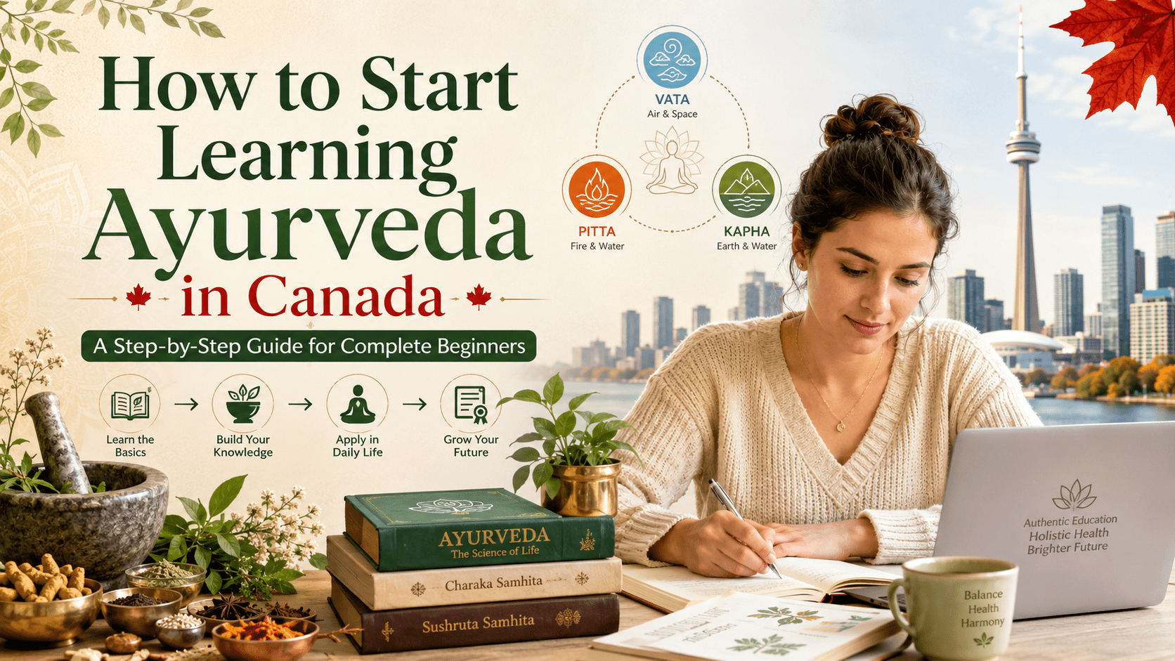 How to Start Learning Ayurveda in Canada – beginner student studying Ayurvedic medicine, doshas, herbs, and holistic wellness education.