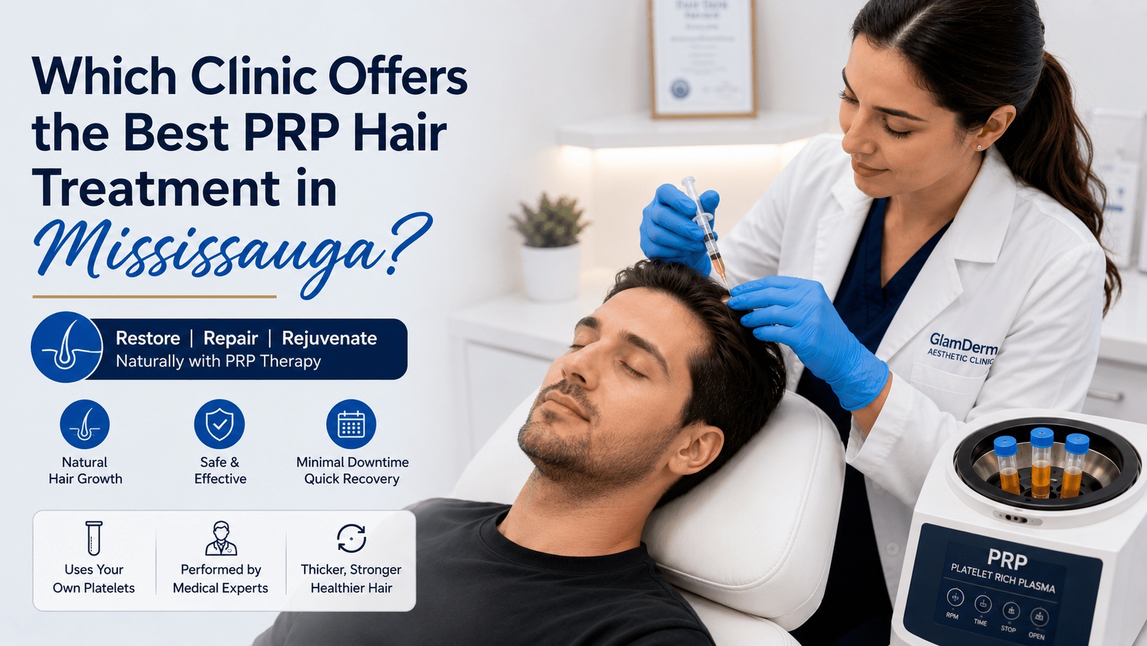 PRP hair treatment in Mississauga with a medical expert performing scalp therapy for natural hair growth in a modern aesthetic clinic.