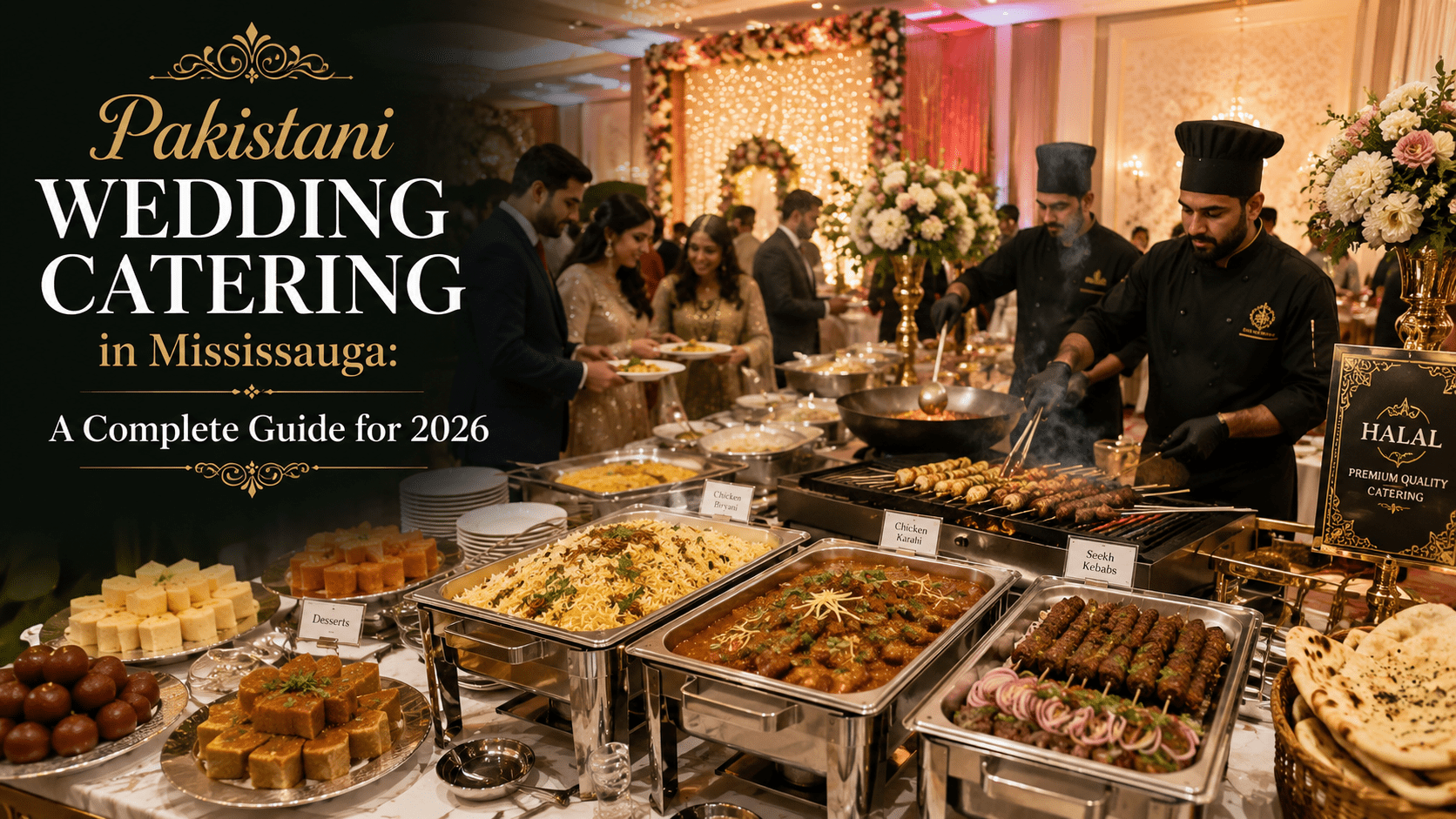 Pakistani wedding catering buffet with biryani, kebabs, and live BBQ station in Mississauga banquet hall.