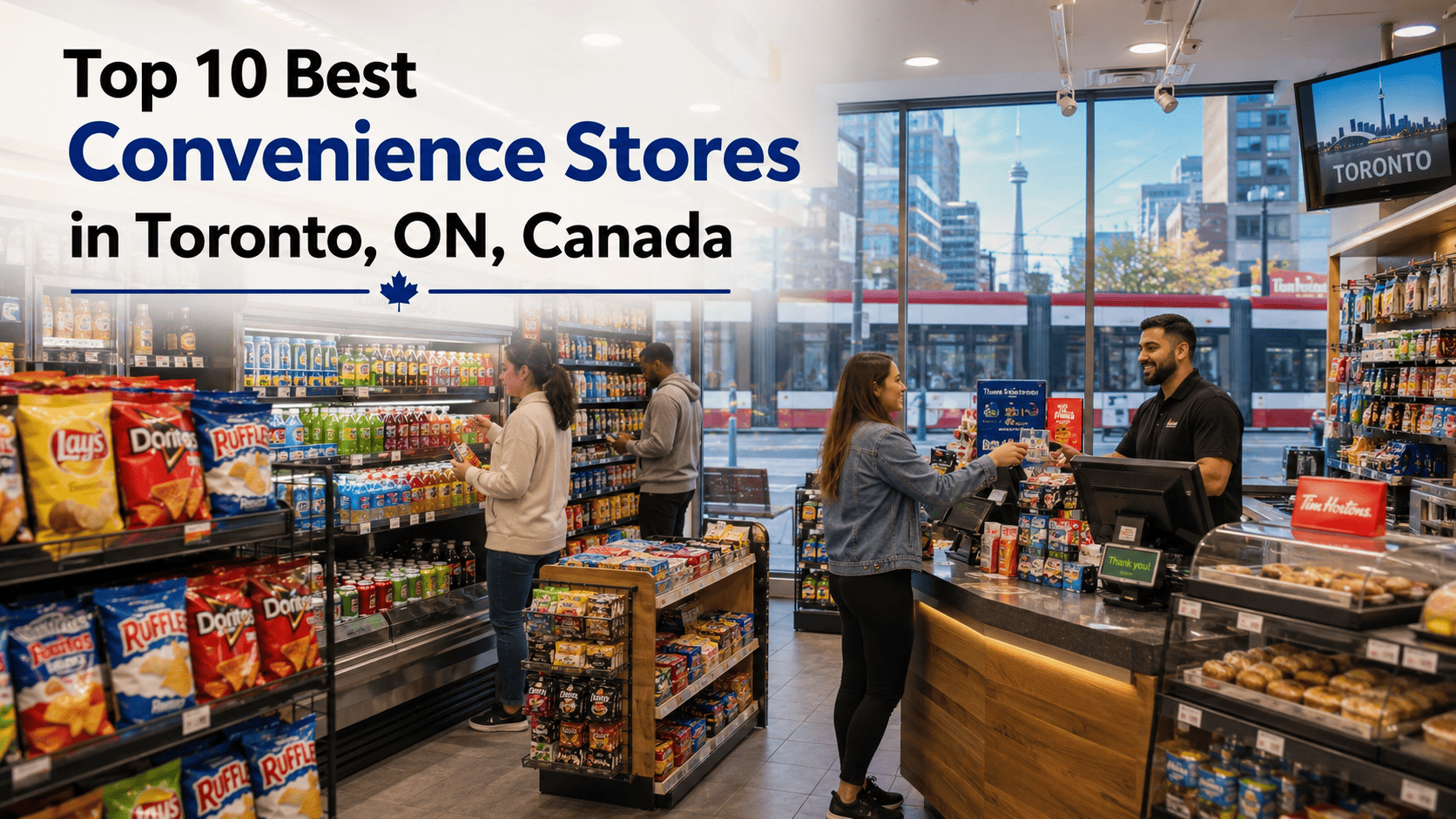 Toronto convenience store interior with shoppers, snacks, drinks, and CN Tower view in background.