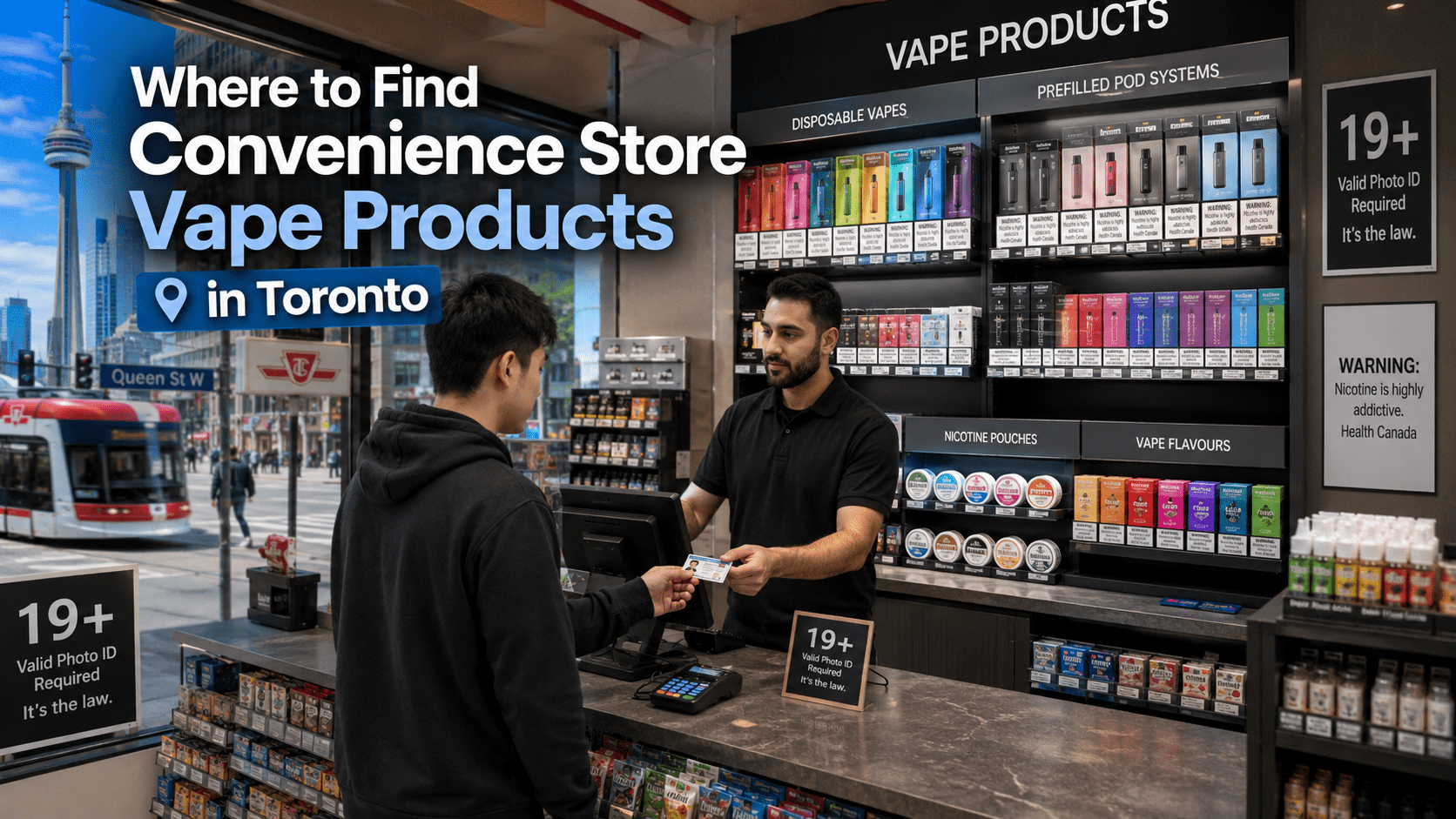 Toronto convenience store vape display with cashier ID check and modern retail interior.