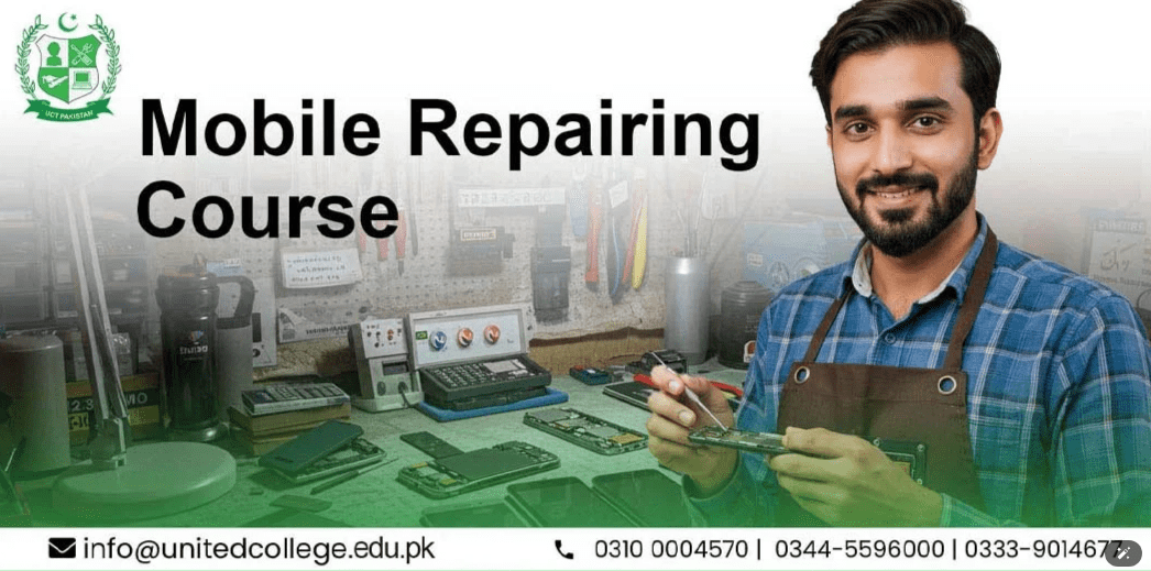Smiling man in workshop holding tools next to the text "Mobile Repairing Course." Background features phones and repair equipment. Contact info below.