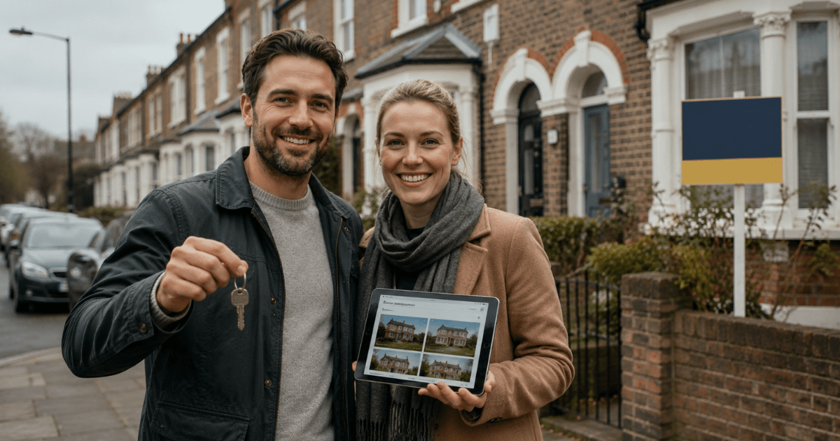 Young couple standing outside a UK terraced house holding keys and a tablet, reviewing property listings in 2026