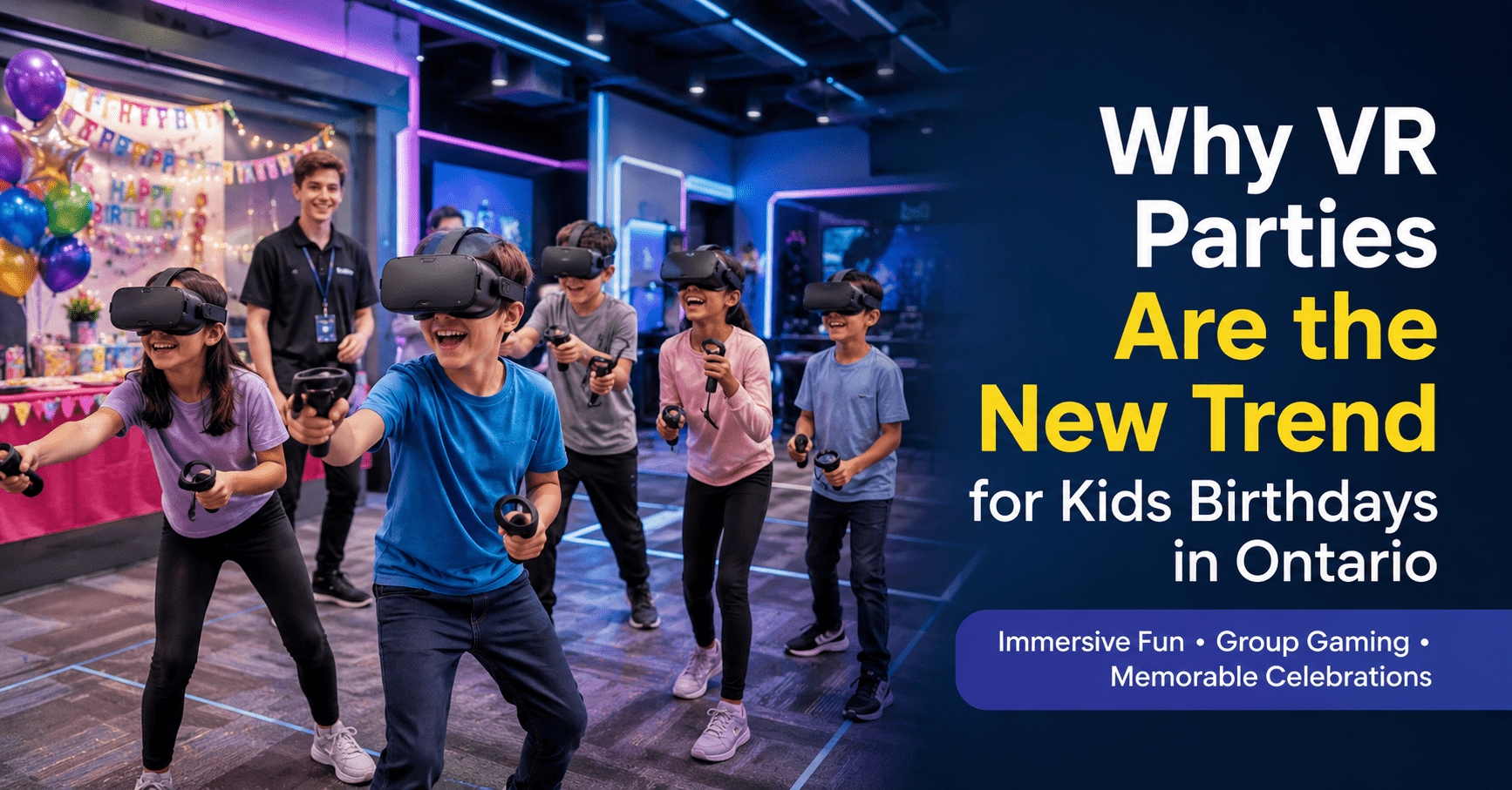 Kids enjoying a virtual reality birthday party at a modern Ontario VR gaming venue with group multiplayer experiences and birthday celebrations.